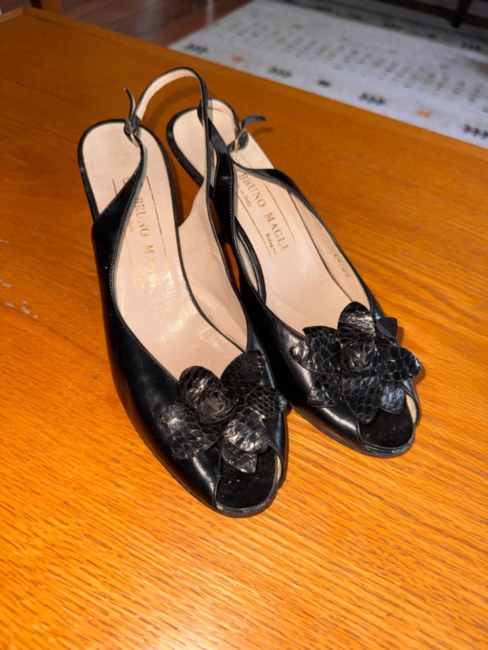 Vintage Bruno Magli Black Leather Slingback Peep-Toe Heels with Floral Appliqué